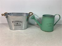 Metal Watering Can & Bucket W/Handles, 7in Tall