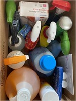 Box of cleaning supplies and more