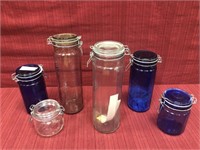 6 pc canister set, clear and cobalt glass