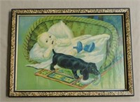 Adorable Child and Dachshund Chromolithograph.