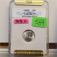 SGS 1946-S MS70 90% Silver Roos Dime 10 Cents
