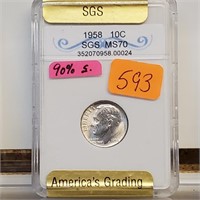 SGS 1958 MS70 90% Silver Roos Dime 10 Cents