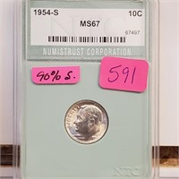 NTC 1954-S MS67 90% Silver Roos Dime 10 Cents