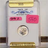 SGS 1947-S MS70 90% Silver Roos Dime 10 Cents