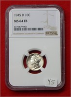 1945 D Mercury Silver Dime NGC MS64 FB