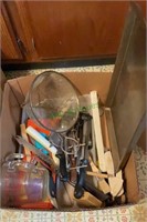 Box lot - kitchen utensils, strainer, Pyrex