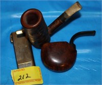 2 WOODEN PIPES AND A PIPE LIGHTER