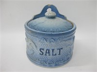 Vtg Blue Salt Glazed "Salt" Crock w/ Lid