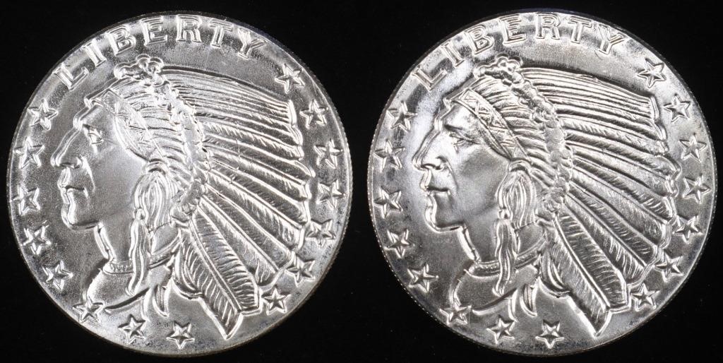 (2) 1 OZ .999 SILVER INDIAN DESIGN ROUNDS