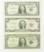 TWO $1 DOLLAR & ONE $2 DOLLAR SILVER CERTIFICATE