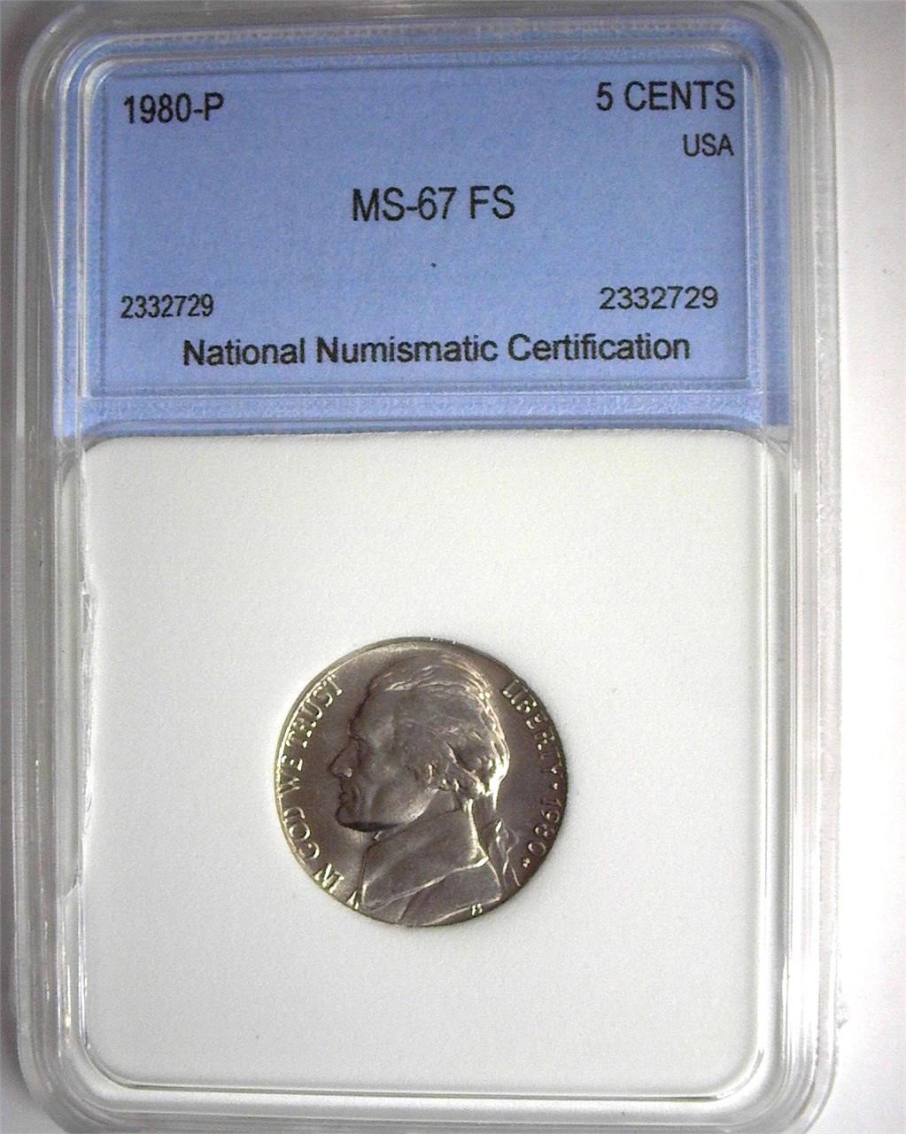 1980-P Nickel MS67 FS LISTS $250 IN 66FS