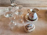 Crystal Stemware, Music Box and Pitcher and Bowl