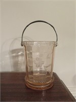 Etched Pink Glass Ice Bucket with Coaster