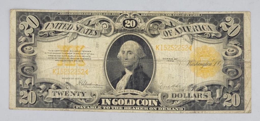 1922 Twenty Dollar Gold Certificate.