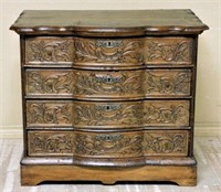 Early French Relief Carved Oak Commode.