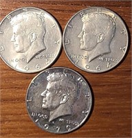 3 Kennedy Half Dollars 1964, 1964 & 1970S
