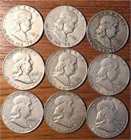 9 Franklin Silver Half Dollars