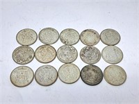15 Canada 50 cent pieces. 1943 - 1966