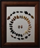 Frame of 44 Birdpoint Arrowheads found in New Mexi