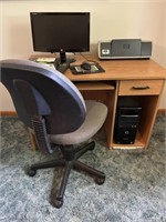 Compaq tower, monitor, hp printer, desk, chair
