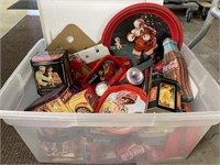 Clear tote of Coca-Cola tins & misc