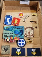 FLAT OF PATCHES, MILITARY RIBBONS, AND PINS