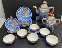 Blue Dragon Ware Kutani Moriage Lithophane Tea Set
