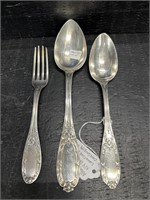 LOT OF 3 COIN SILVER SPOONS, 1 FORK