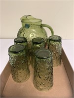 Anchor hocking avocado glass pitcher and five