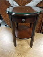 Round Wooden End Table with Glass Top