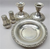 Sterling Silver Tray, Salt & Peppers, Candlesticks