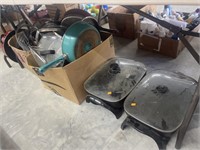2 electric skillets and cookware