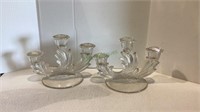 Pair of vintage glass tri candle candelabras