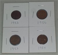 Lot of 4 1950's Canadian Pennies 1 Cent Coins