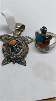 Turtle pendant and ring size 10 both marked 925