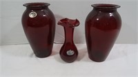 2 Royal Ruby Anchor Glass Vases, 9"H & Handblown