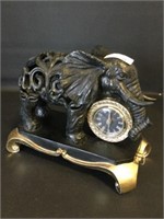 Working Elephant Mantel Shelf Clock Black w Gold