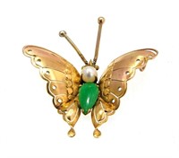14kt Gold butterfly pearl and Jade pendant/brooch