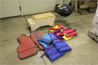 (3) Life Jackets, Igloo Cooler, And Small Grill