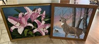 2 Paintings (flowers, deer)