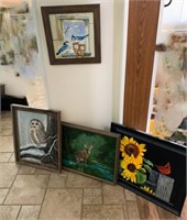 4 Paintings - owl, deer, bluejays, sunflowers