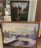 2 Paintings - large snow painting, house