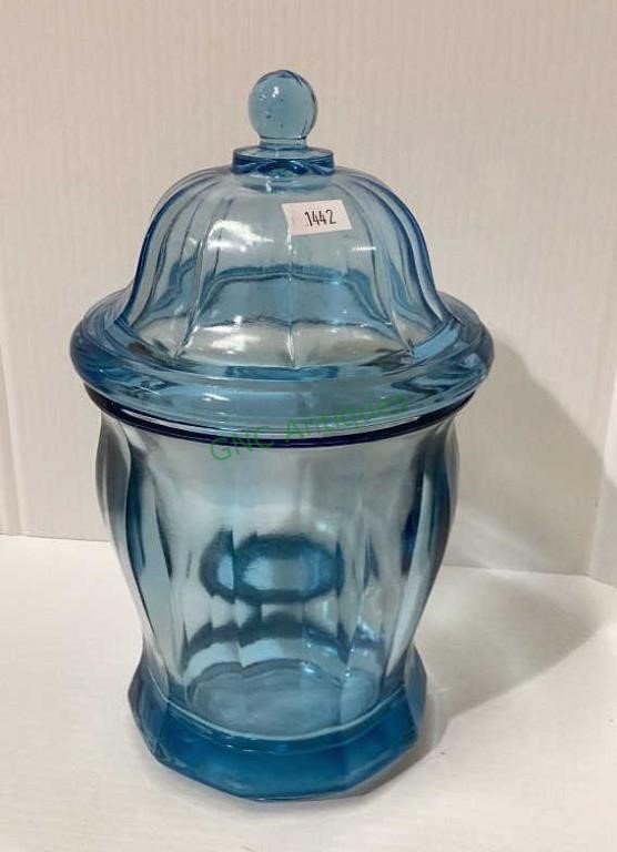Vintage Indiana blue glass cookie jar 10 inches