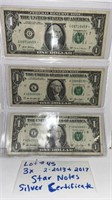 LOT #45) 3x 2-2013 1-2017 STAR NOTES SILVER CERTIF