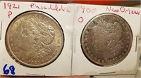 2 Morgan US silver dollars 1921 P & 1900 O