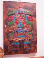 Mayan-style figure in copper relief, 31" x 20"