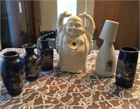 Budda Figurine, Caraffe, Petite Vases, Paper Fans