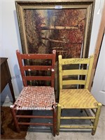 Large picture with broken frame & 2 old chairs