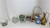 Miscellaneous glassware bowls, basket, brass