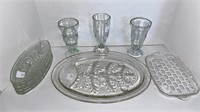 (5) glass serving bowls, (1) glass platter, (3)